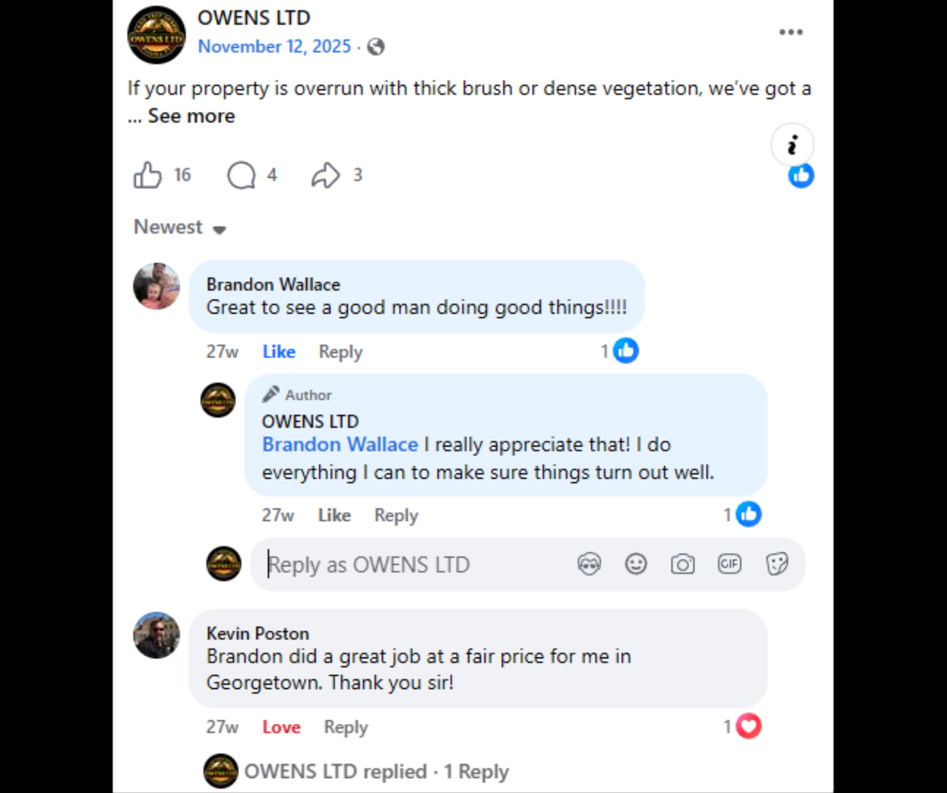 Facebook comments from Brandon Wallace and Kevin Poston — great to see a good man doing good things, great job at a fair price in Georgetown