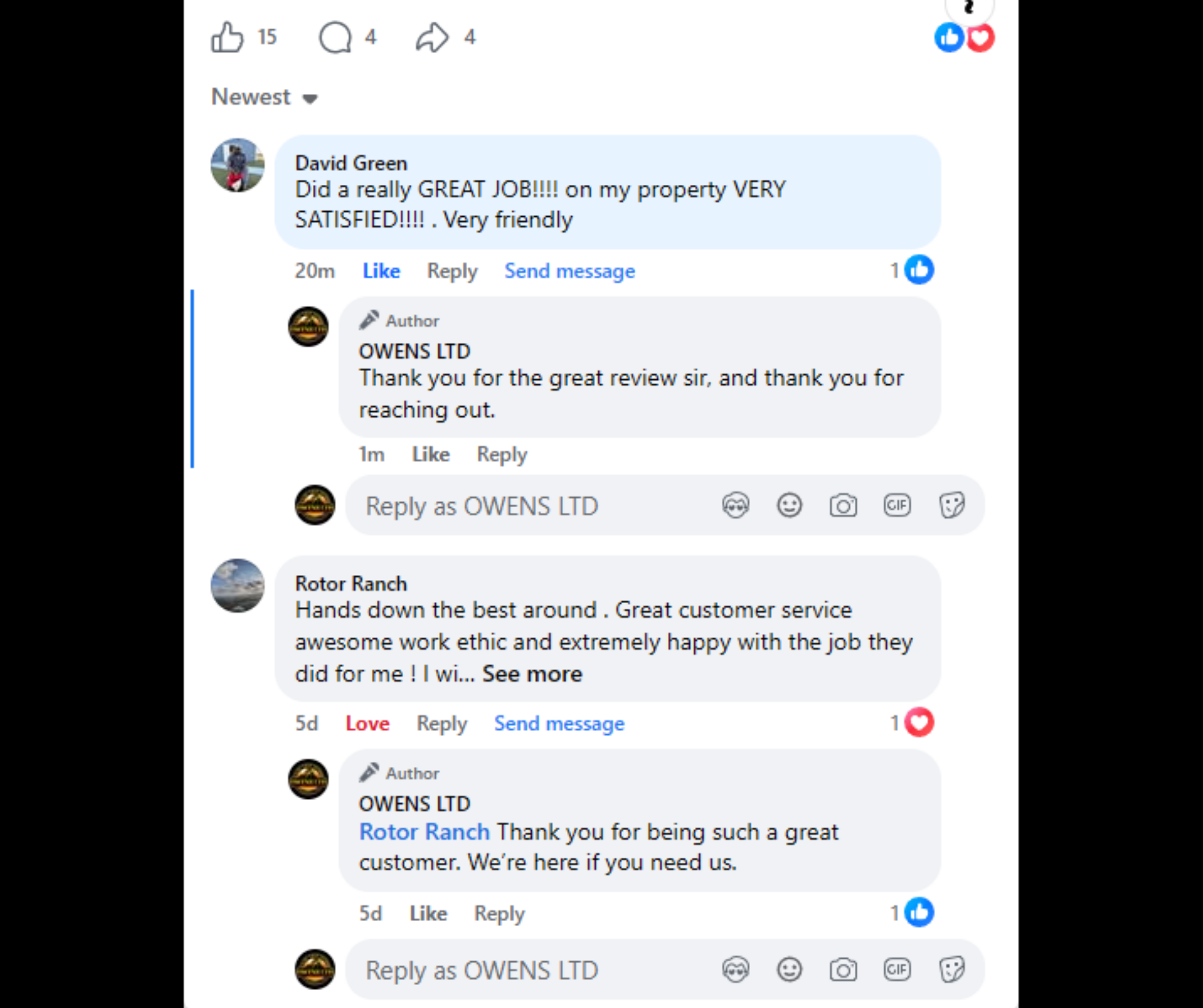 Facebook comments from David Green and Rotor Ranch — great job, very satisfied, hands down the best around, great customer service and work ethic