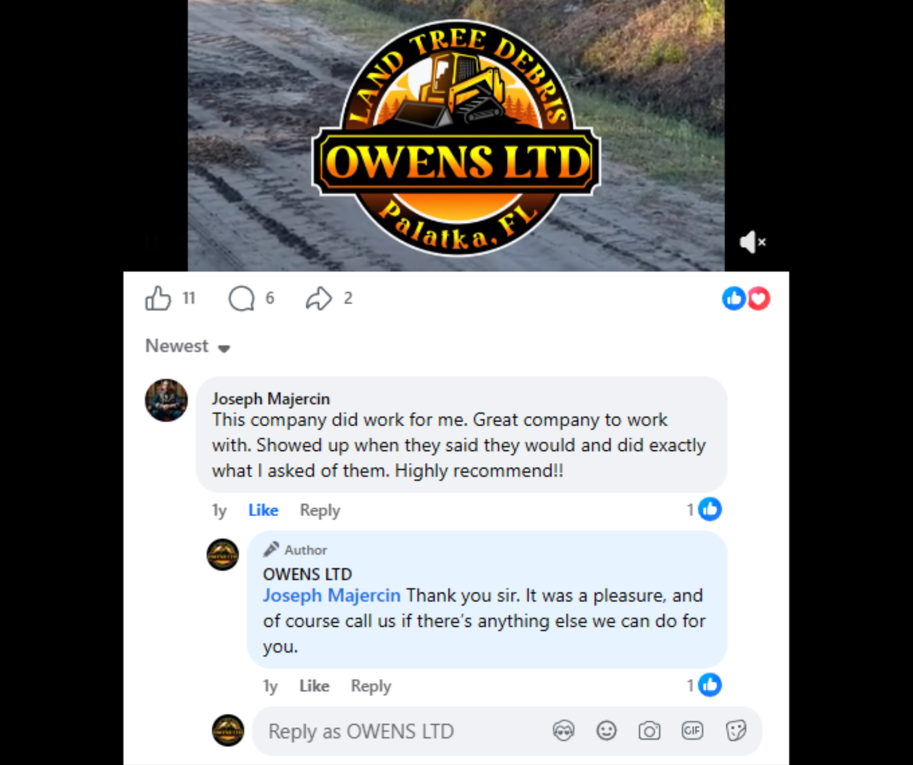 Facebook review from Joseph Majercin — great company to work with, showed up when they said they would and did exactly what was asked, highly recommend