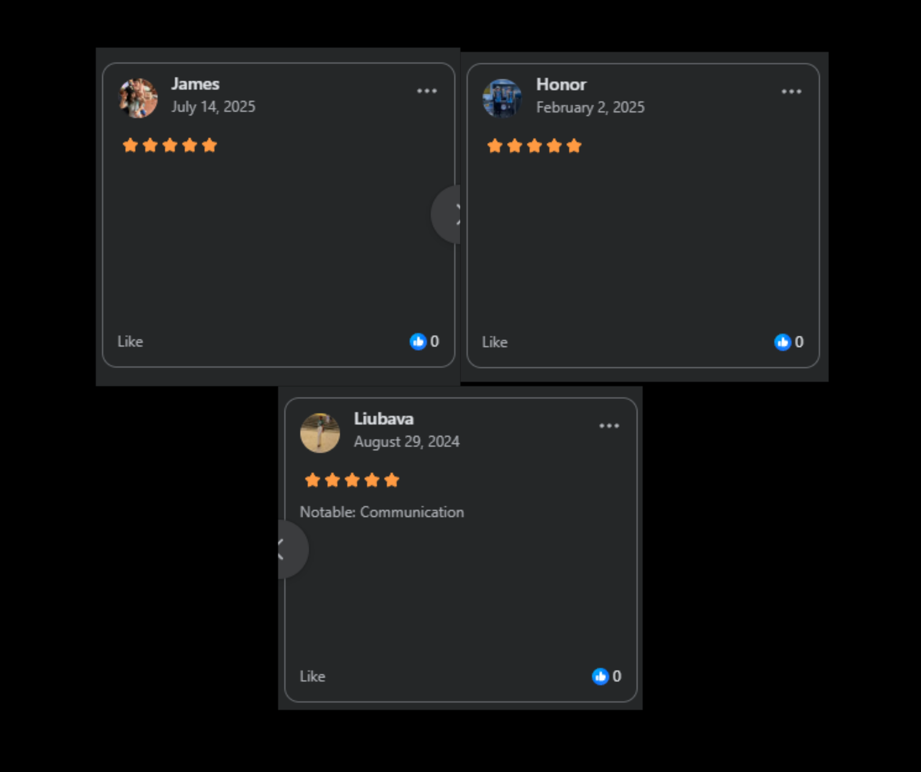 Three 5-star Facebook ratings for Owens LTD from James, Honor, and Liubava — notable for communication