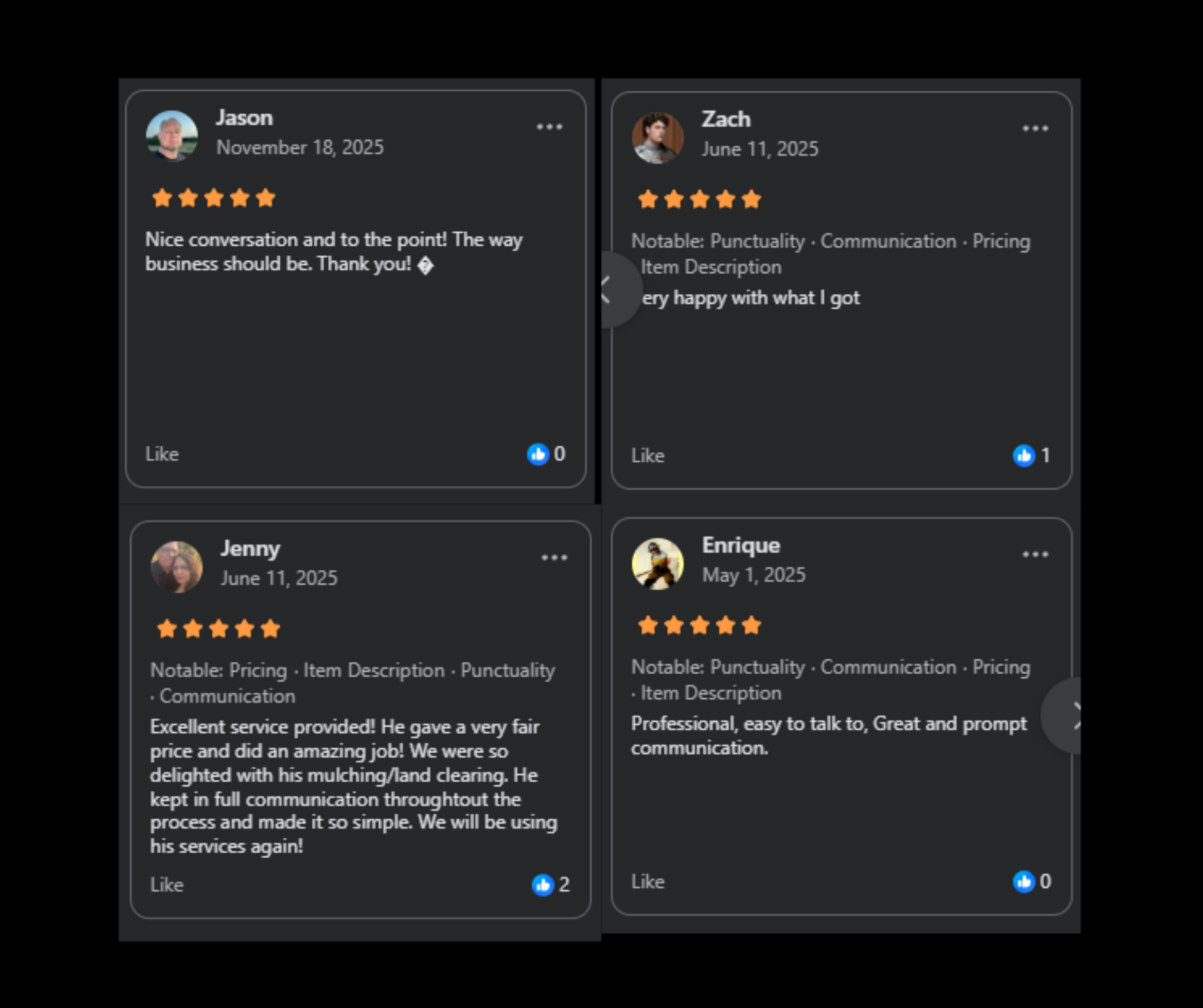 Four 5-star Facebook ratings for Owens LTD from Jason, Zach, Jenny, and Enrique — notable for punctuality, communication, pricing, and excellent service