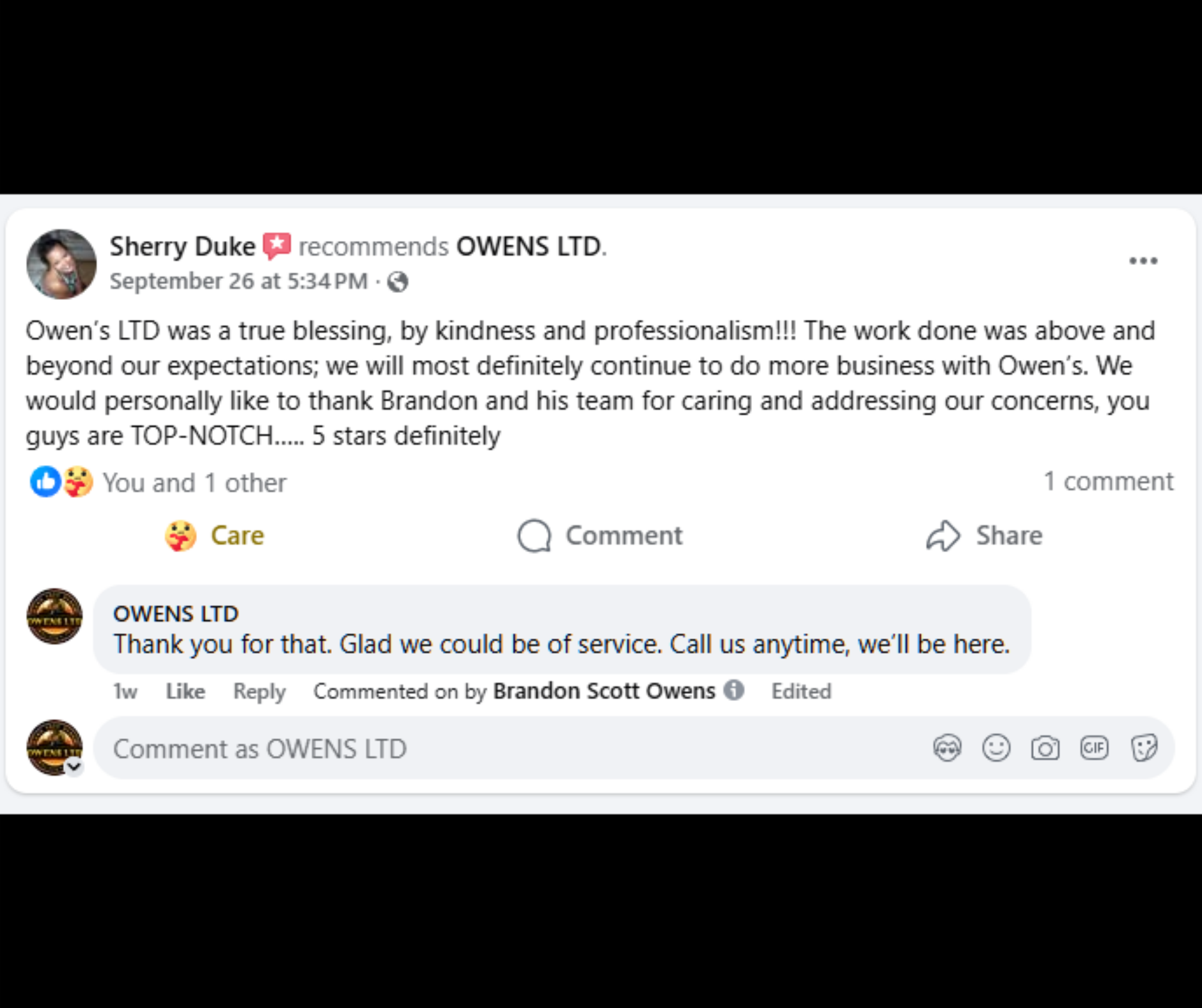 Facebook recommendation from Sherry Duke — Owens LTD was a true blessing, kindness and professionalism, work above and beyond expectations, TOP-NOTCH 5 stars
