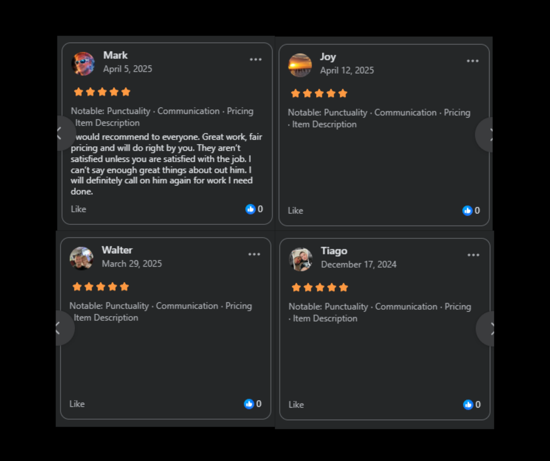 Four 5-star Facebook ratings for Owens LTD from Mark, Joy, Walter, and Tiago — recommended to everyone, great work and fair pricing